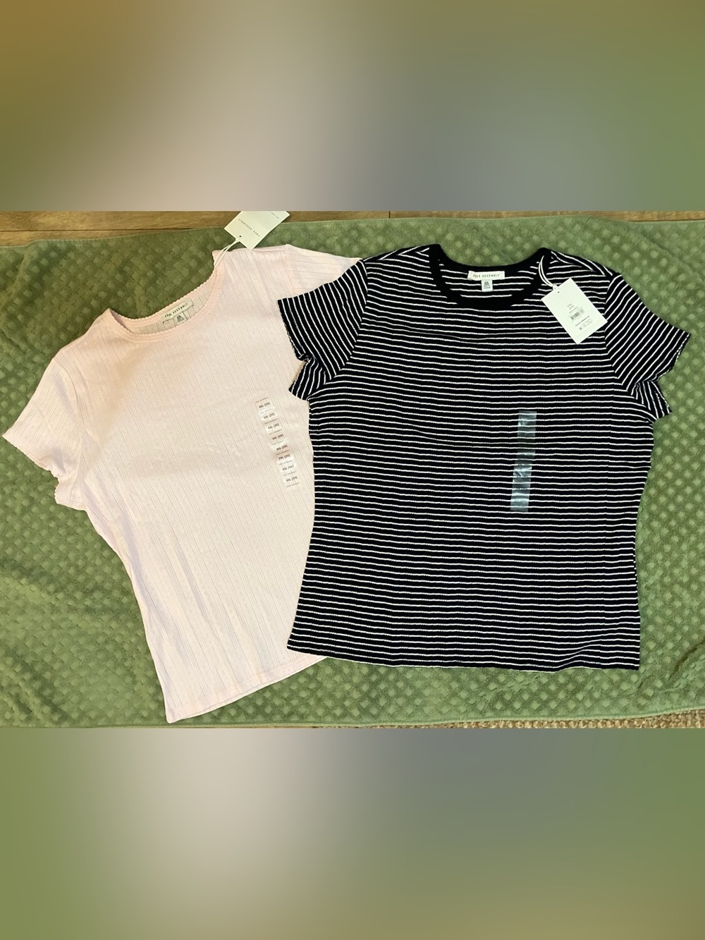 Free Assembly Pointelle Mini Short Sleeve Tees- Darkest Navy Stripes/Pink-XXL